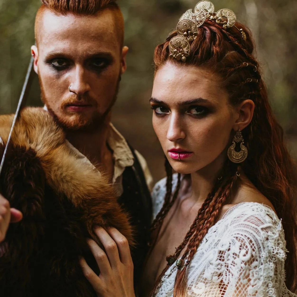 Trumpet Sleeve Embroidered Viking Wedding Dress in Ivory