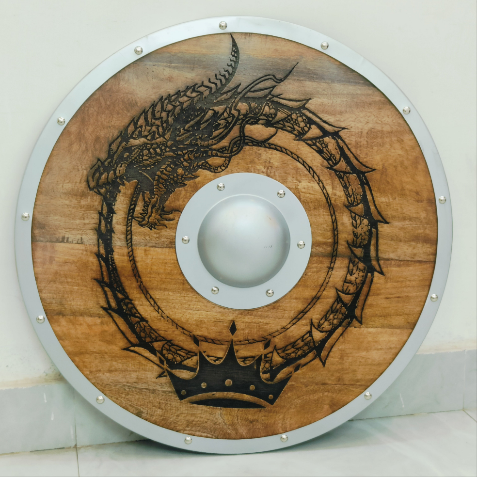 Carved Norse Runic Dragon Shield With Crown Authentic Viking Shield, 24"