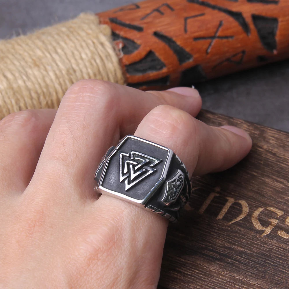 Viking Valknut Helm of Awe Stainless Steel Ring Men's Aegishjalmur Odin Icelandic Runes Celtics Knot Jewelry Amulet Gift