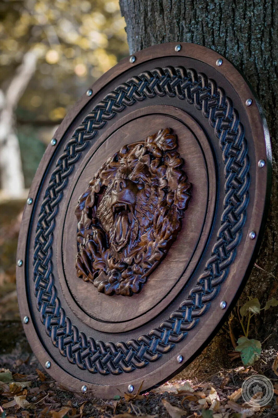 Berserker Bear Totem Oaken Carved Viking Shield, 24" - + engraved