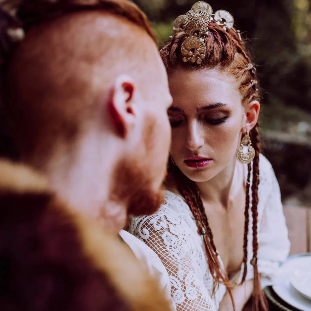 Trumpet Sleeve Embroidered Viking Wedding Dress in Ivory