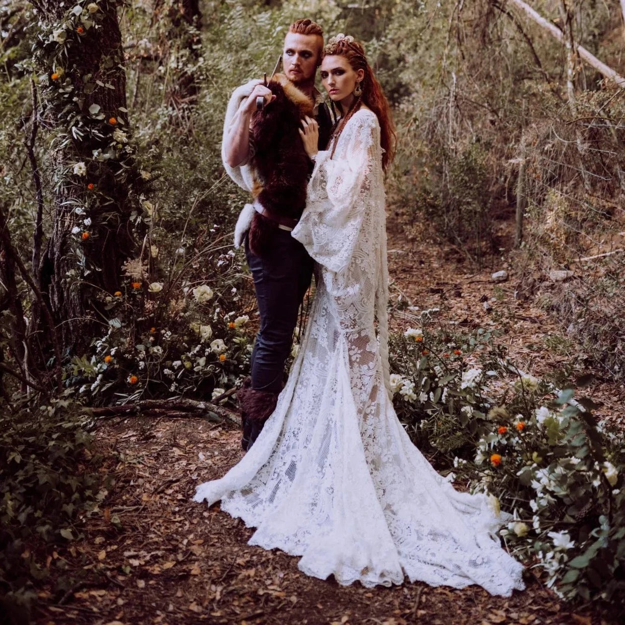 Trumpet Sleeve Embroidered Viking Wedding Dress in Ivory