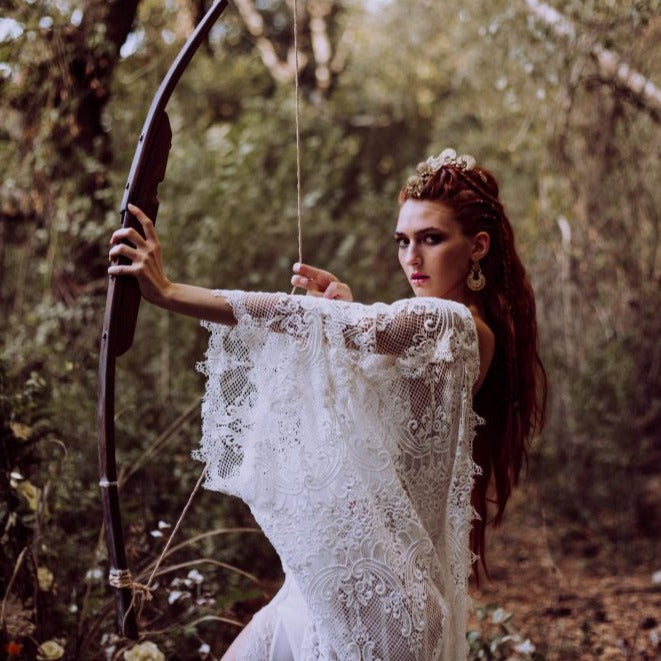 Trumpet Sleeve Embroidered Viking Wedding Dress in Ivory