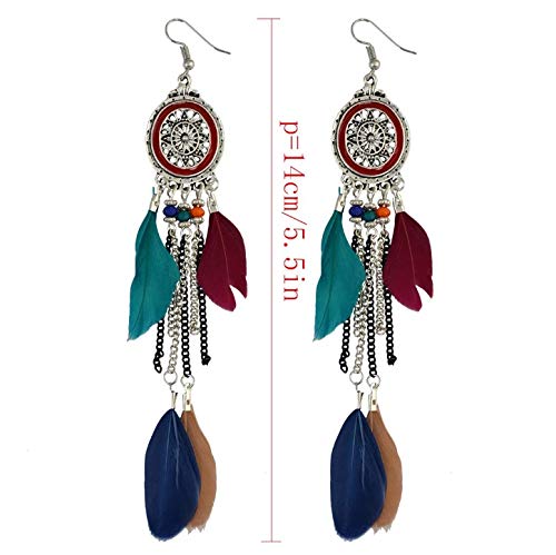 Punk Vintage Long Tassel Feather Beads Drop Wolf Tooth Pendant Earring Fish Hook Earrings Brown A