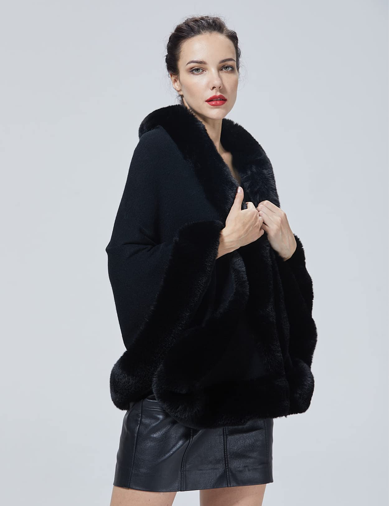 Faux Fur Shawl Wrap Stole Capelet Bridal Winter Wedding with Hook Hooded-black