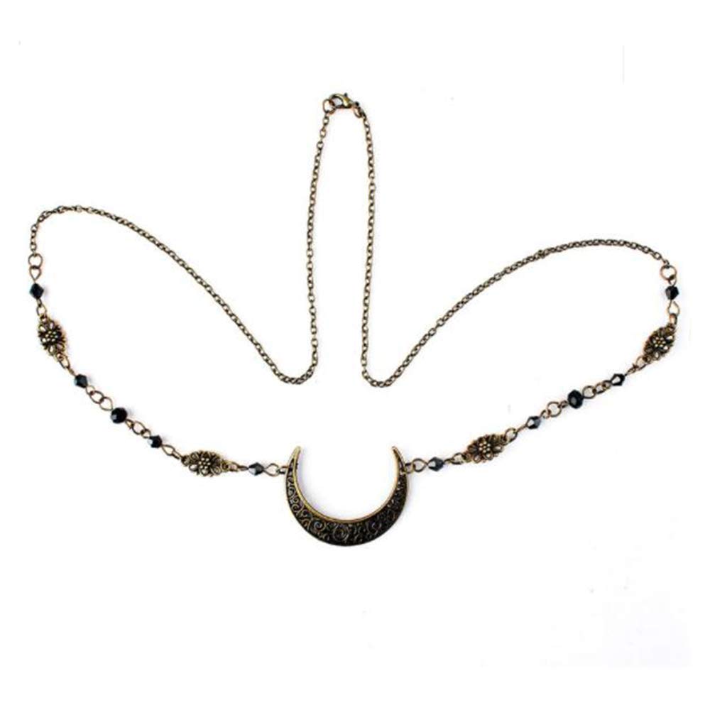 Aimimier Viking Crystal Head Chain Moon Head Chain Halloween Circlet Headpiece Crescent Moon Forehead Chain Crystal Headband Prom Hair Jewelry for Women and Girls (Retro gold)