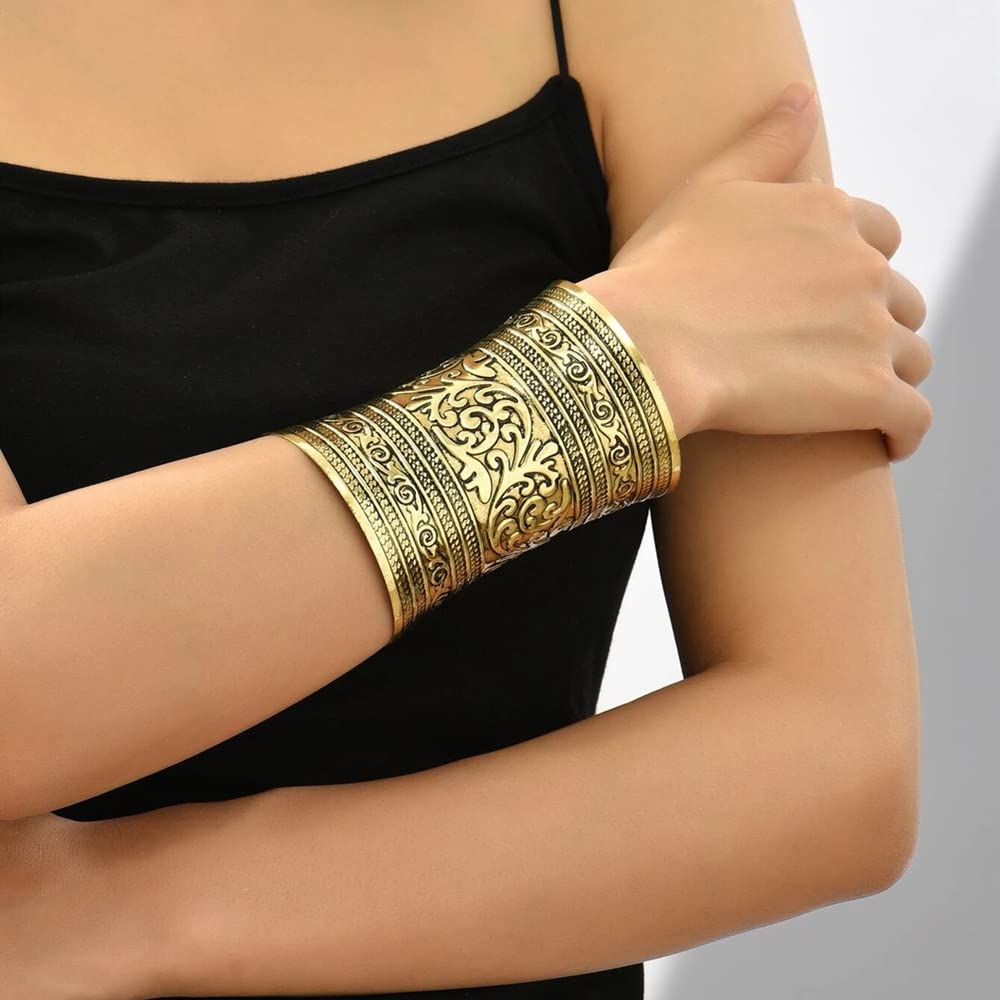 SONNYX 2 PCS Cuff Bracelets for Women Vintage Ethnic Wide Open Chunky Gold Sliver Wrist Cuff Warp Bracelets for Cosplay or Belly Dance GOLD 2