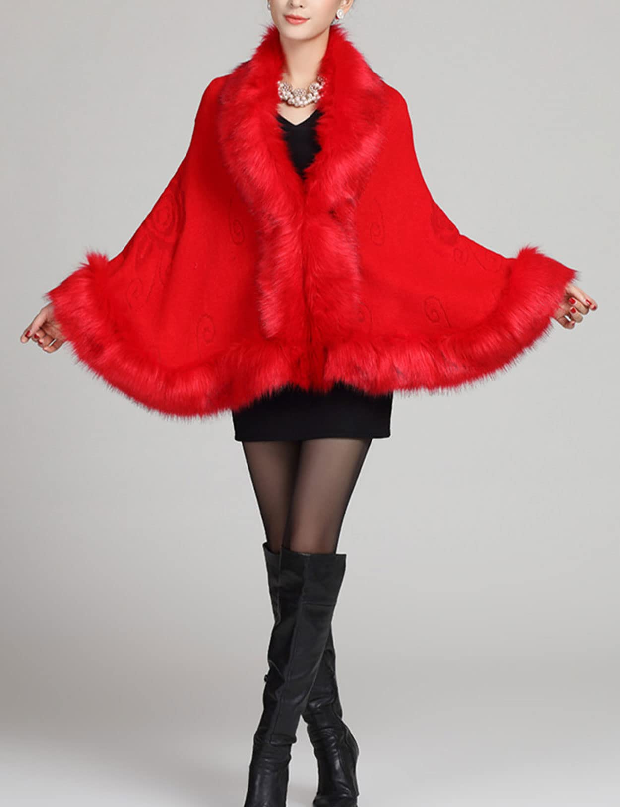 Faux Fur Shawl Wrap Stole Capelet Bridal Winter Wedding with Hook Hooded-black