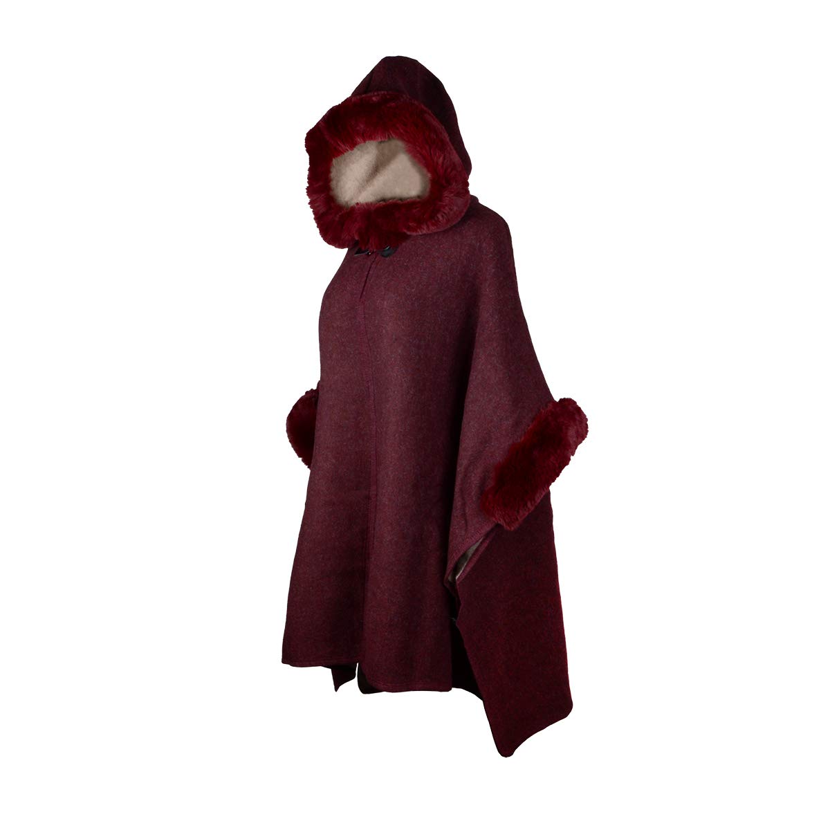 Fur-Lined Leather Closure Wool Half-Cloak with Hood