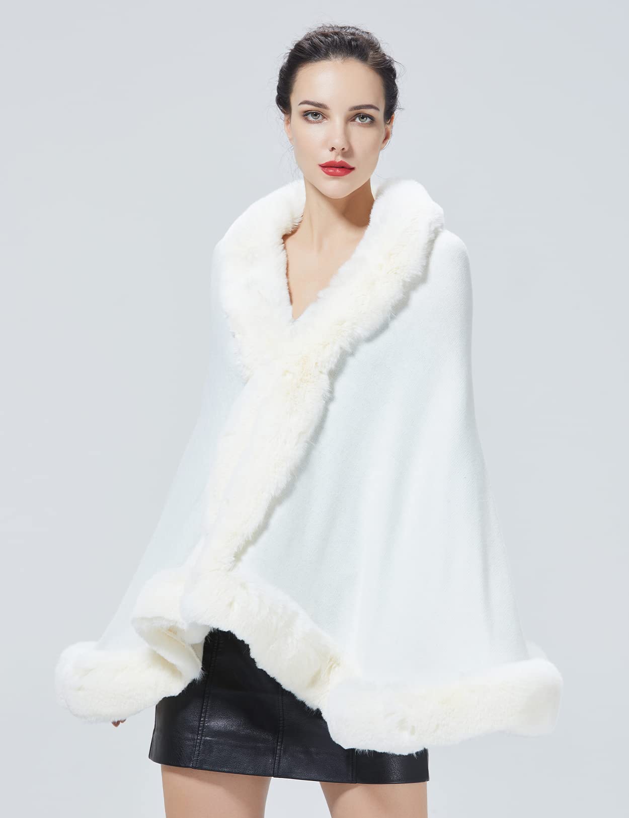 Faux Fur Shawl Wrap Stole Capelet Bridal Winter Wedding with Hook Hooded-black