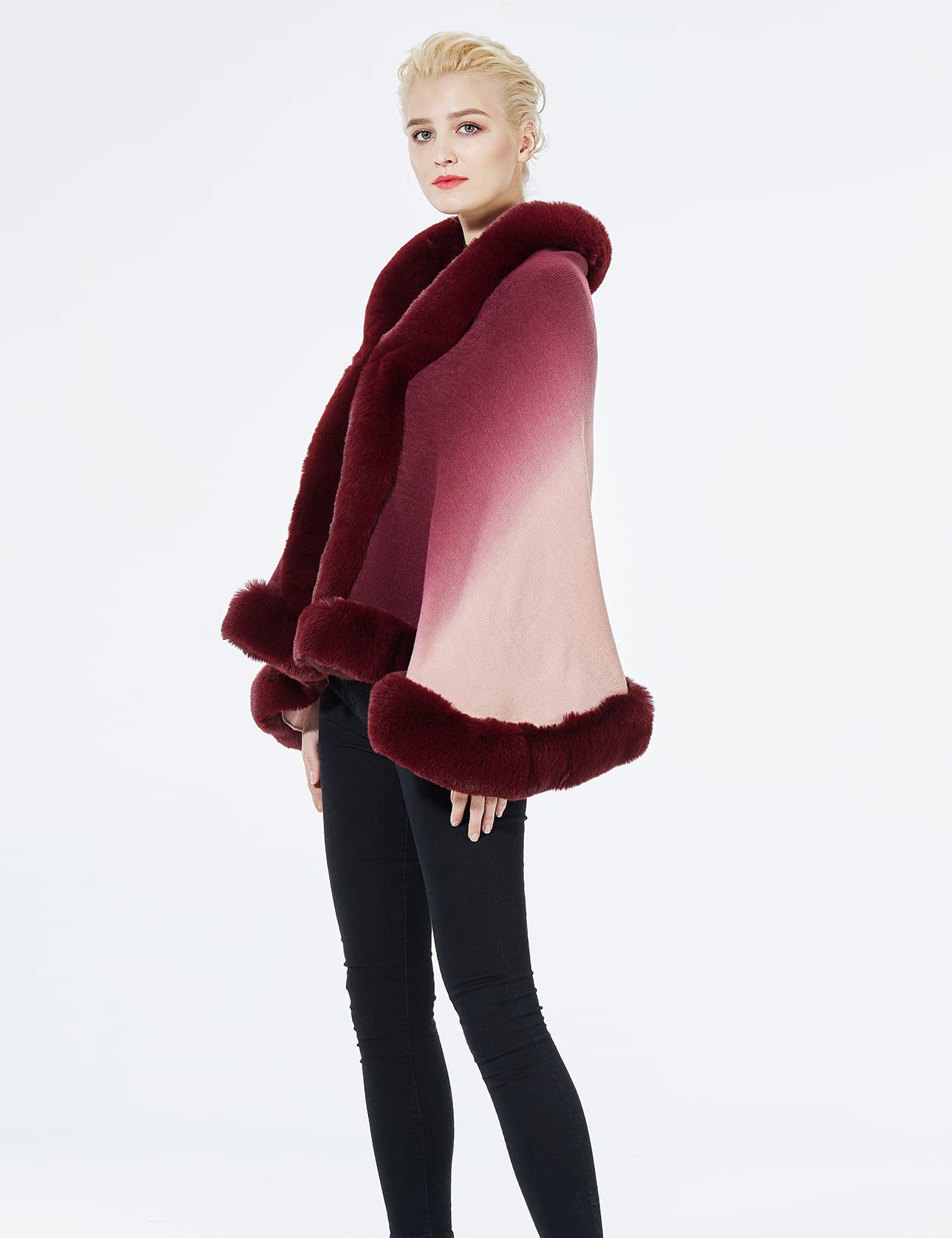 Faux Fur Shawl Wrap Stole Capelet Bridal Winter Wedding with Hook Hooded-black