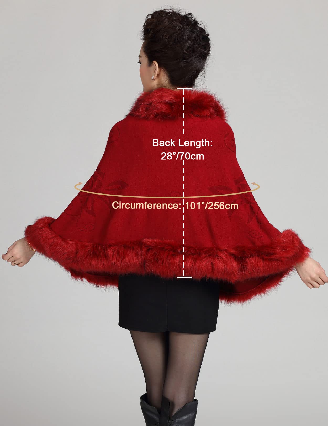 Faux Fur Shawl Wrap Stole Capelet Bridal Winter Wedding with Hook Hooded-black