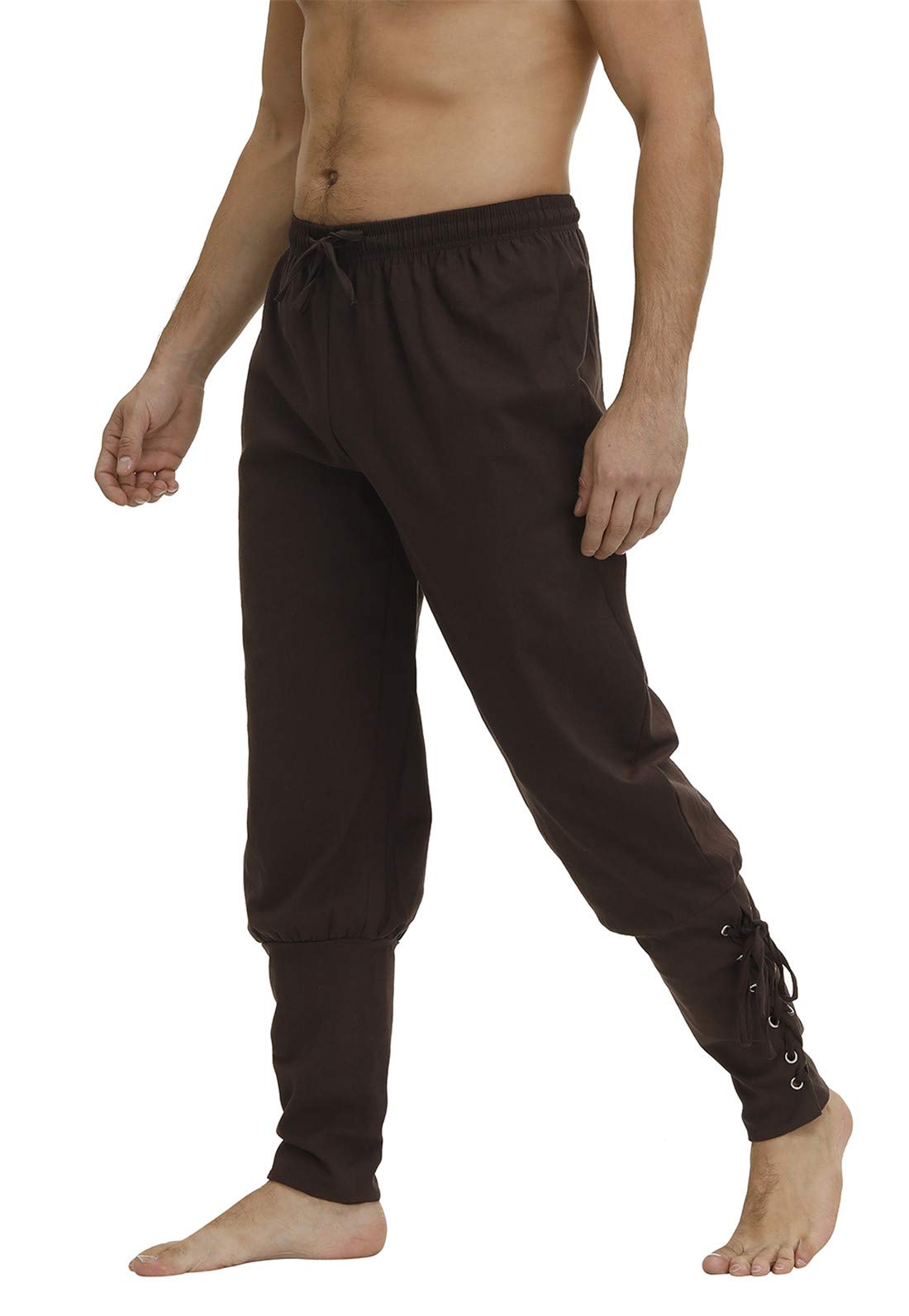 Men's Ankle Banded Cuff Renaissance Pants Medieval Viking Navigator Trousers Pirate Cosplay Costume with Drawstrings Medium Brown