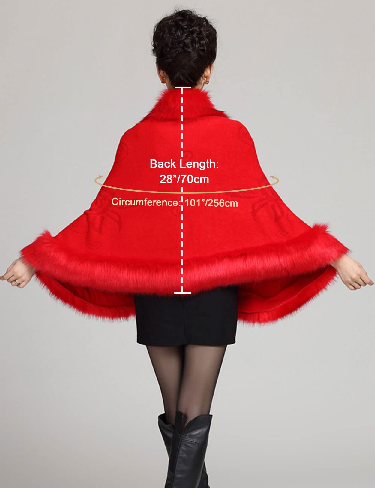 Faux Fur Shawl Wrap Stole Capelet Bridal Winter Wedding with Hook Hooded-black