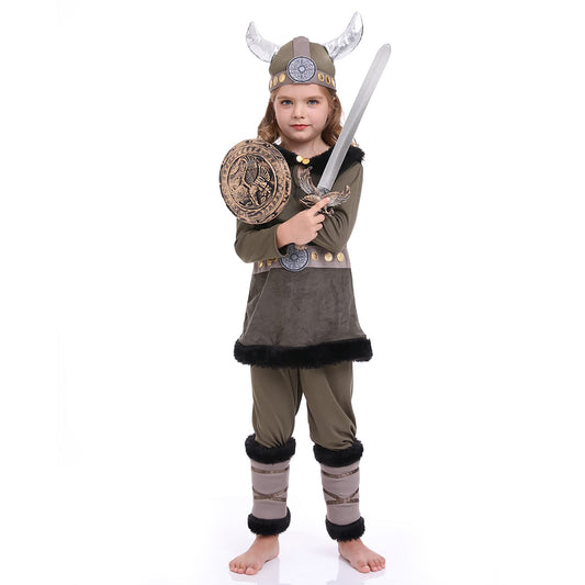 Funivals Boys Costume for Halloween Carnival,Boy Suit Role Play with Accessories Medium Viking Warrior