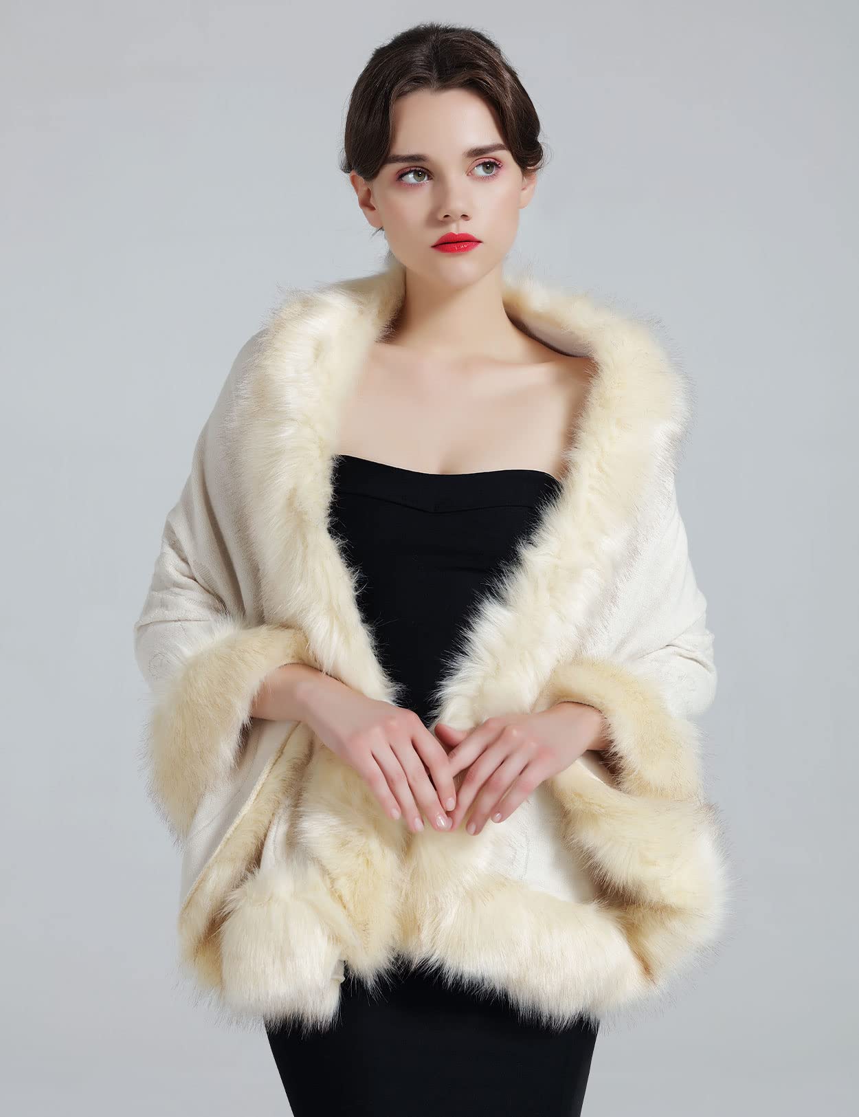 Faux Fur Shawl Wrap Stole Capelet Bridal Winter Wedding with Hook Hooded-black