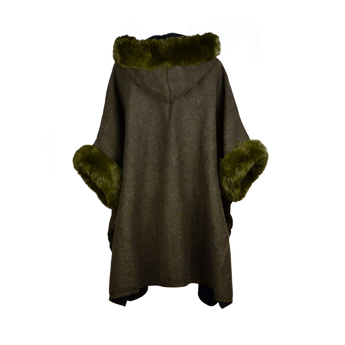 Fur-Lined Leather Closure Wool Half-Cloak with Hood
