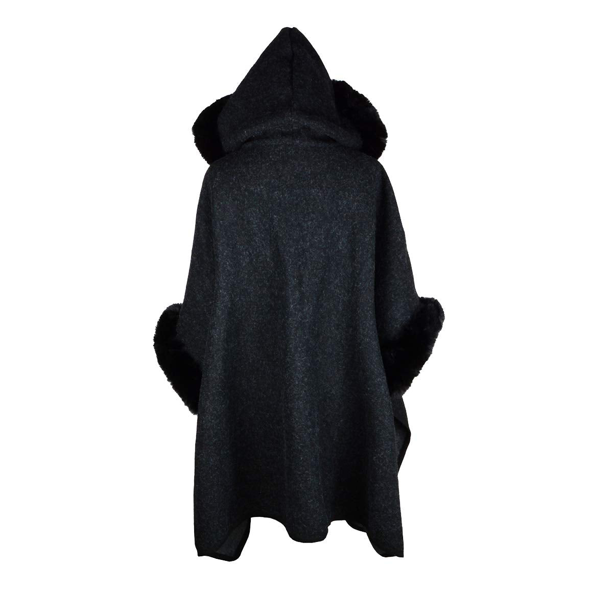 Fur-Lined Leather Closure Wool Half-Cloak with Hood