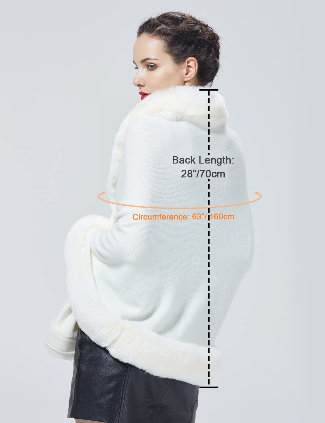 Faux Fur Shawl Wrap Stole Capelet Bridal Winter Wedding with Hook Hooded-black