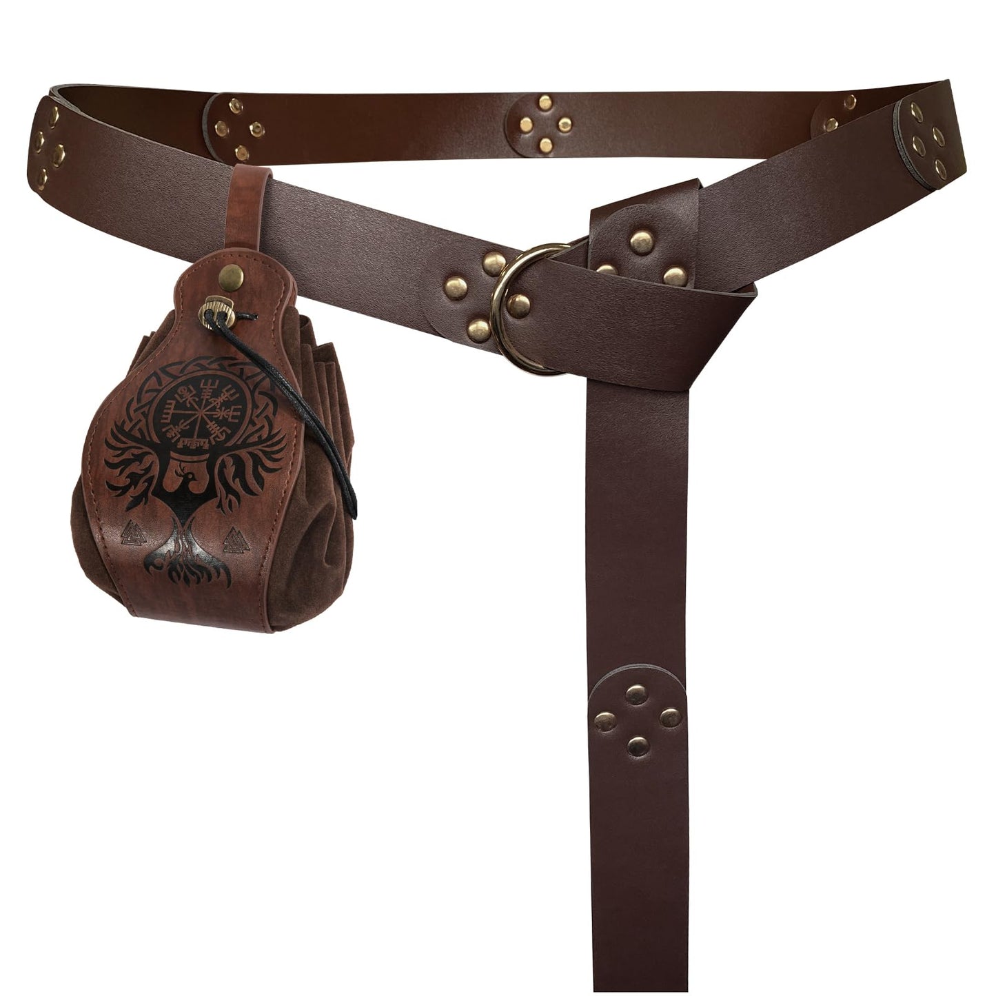 HiiFeuer Medieval O Ring Belt with Portable Drawstring Pouch, Retro Renaissance Faux Leather Belt and Purse Set for LARP Brown C