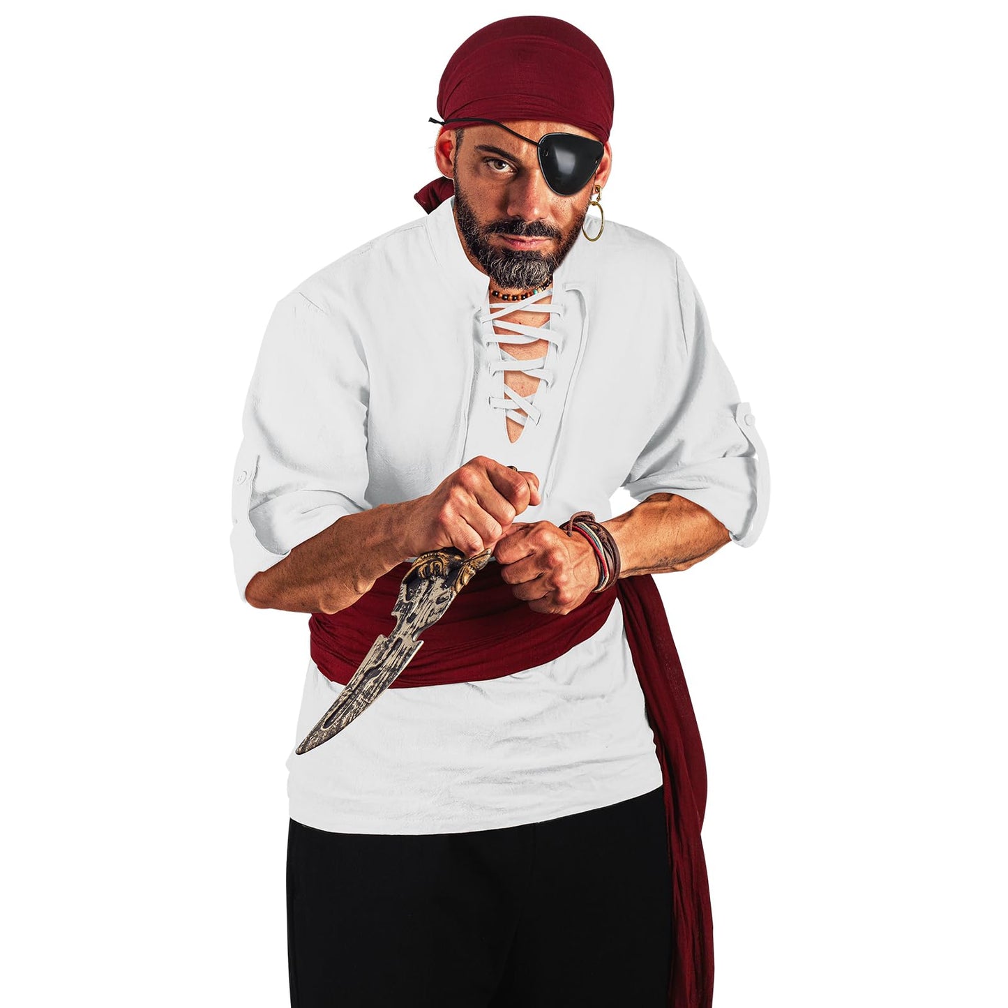 Leumoi 6 Pcs Men's Pirate Costume Men's Renaissance Medieval Viking Shirt Banded Pants Bandana Sash Belt Eye Patch Earrings Small Apricot, Black, Wine Red