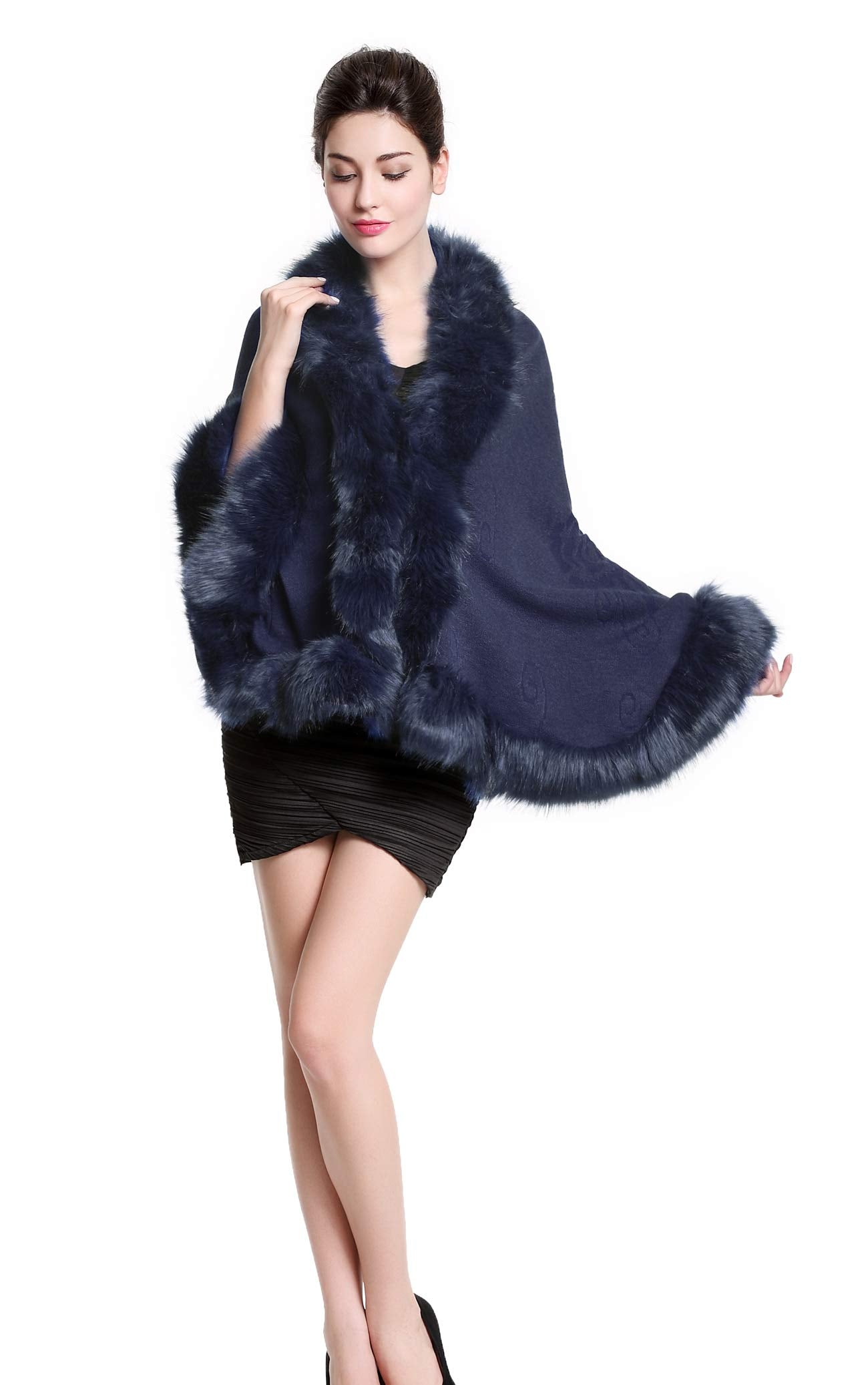 Faux Fur Shawl Wrap Stole Capelet Bridal Winter Wedding with Hook Hooded-black