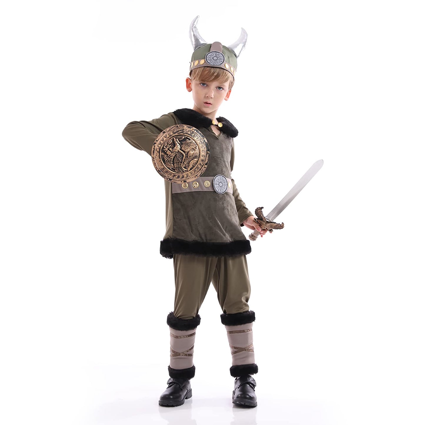 Funivals Boys Costume for Halloween Carnival,Boy Suit Role Play with Accessories Medium Viking Warrior