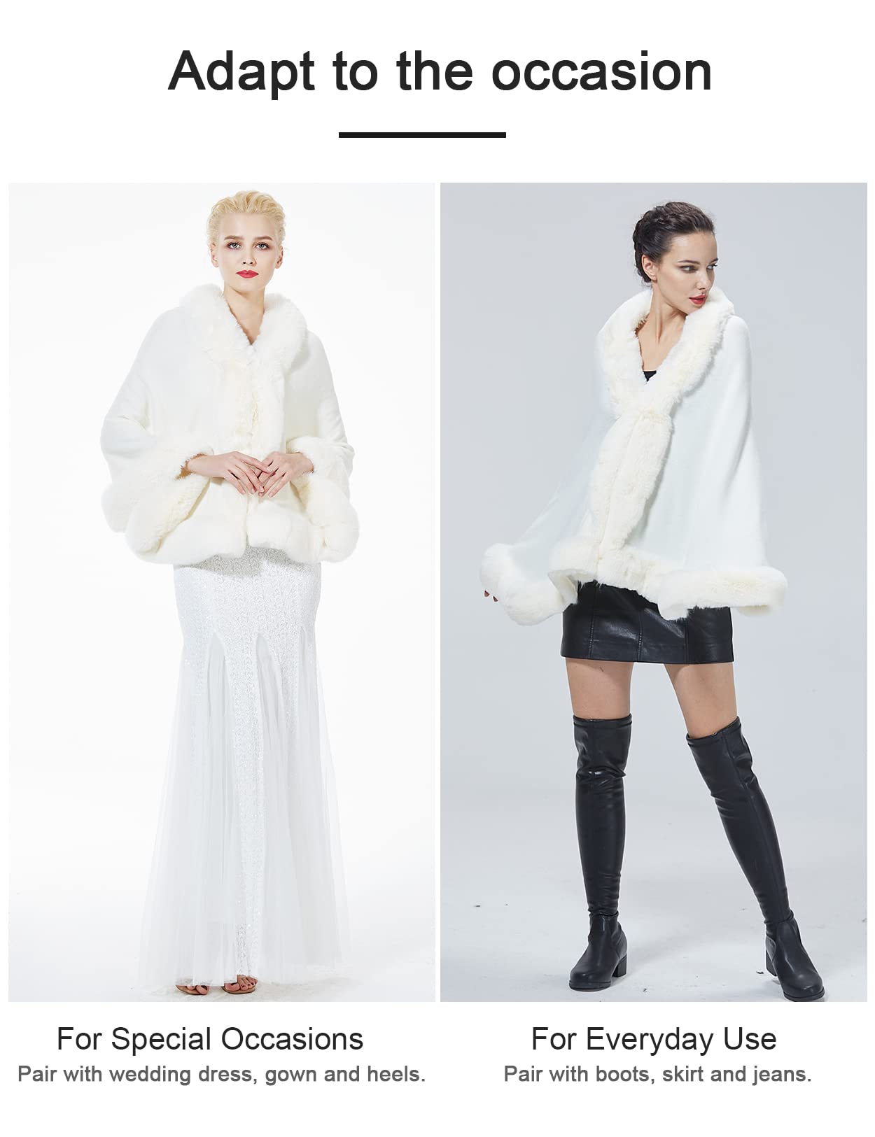 Faux Fur Shawl Wrap Stole Capelet Bridal Winter Wedding with Hook Hooded-black