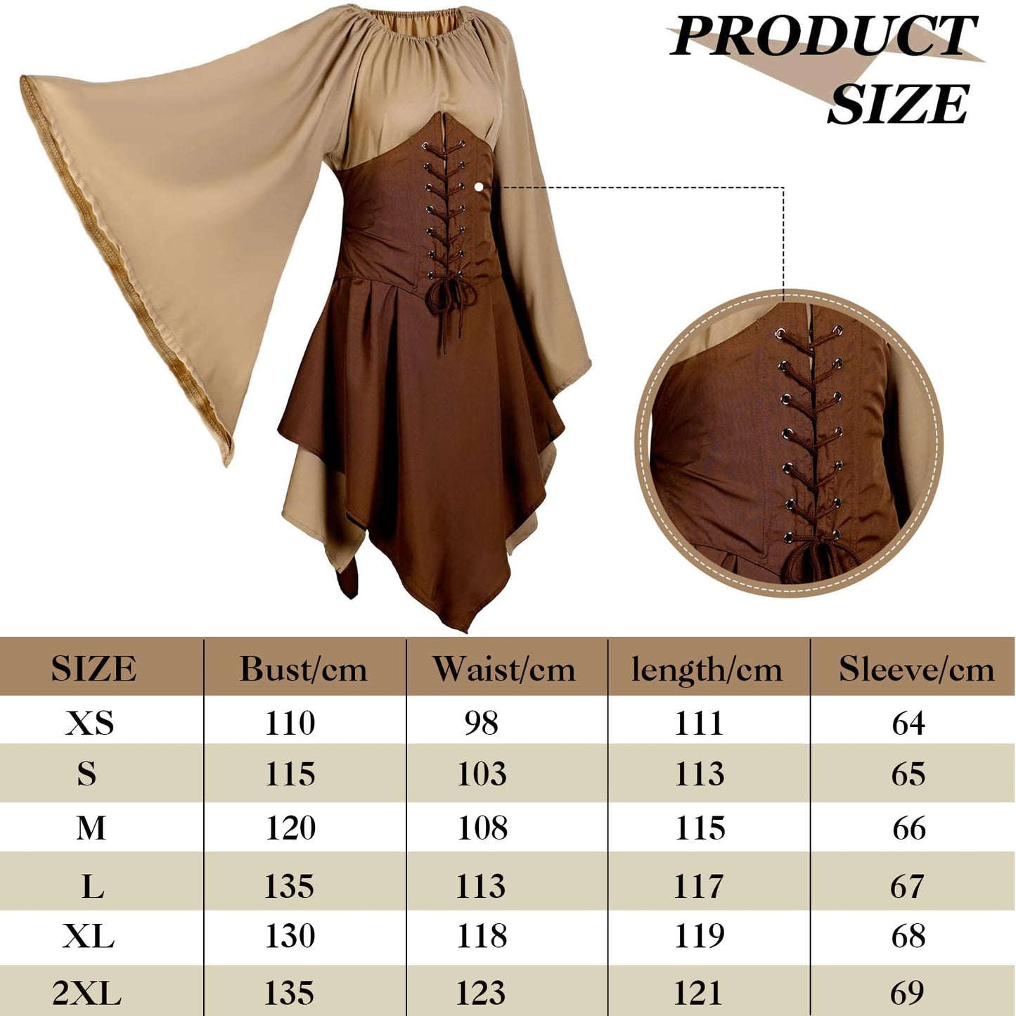 4 Pcs Women Elf Costume Renaissance Traditional Irish Dress Fairy Costume Elf Ear Cuffs for Women Halloween Cosplay Party Green, Brown 2X-Large