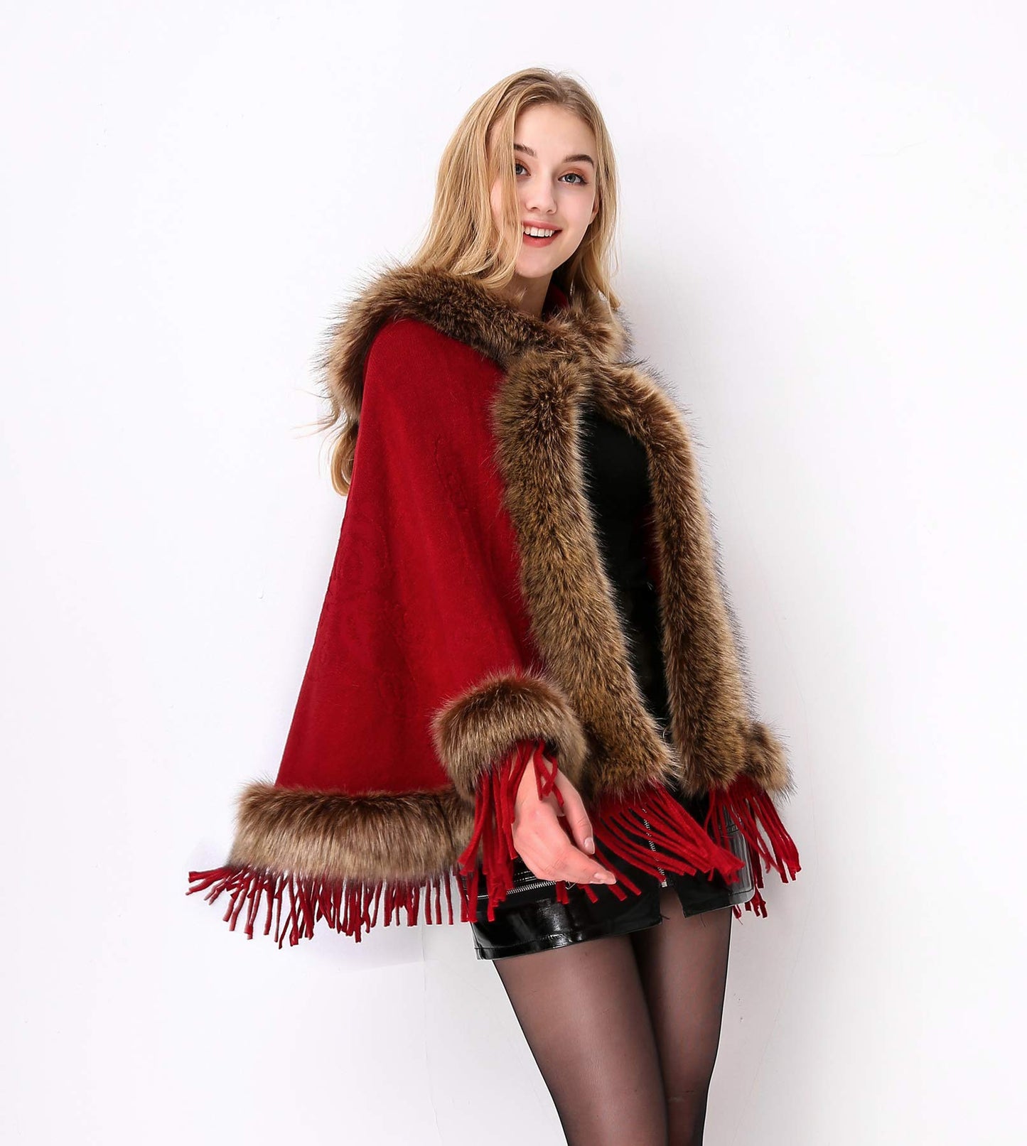 Faux Fur Shawl Wrap Stole Capelet Bridal Winter Wedding with Hook Hooded-black