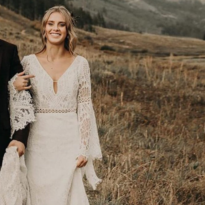 Long Belled Sleeve Woven Lace Wedding Dress in Ivory