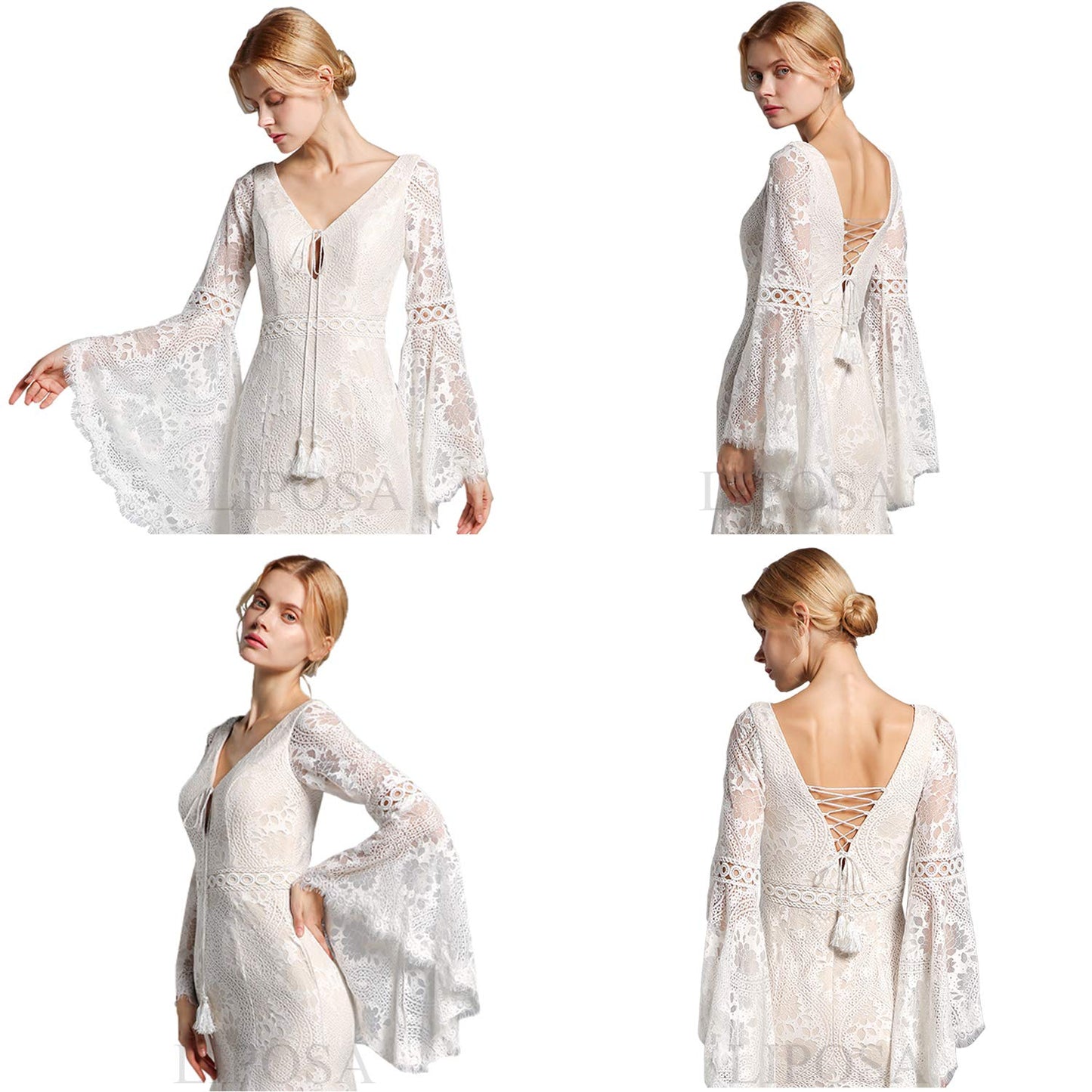 Trumpet Sleeve Embroidered Viking Wedding Dress in Ivory