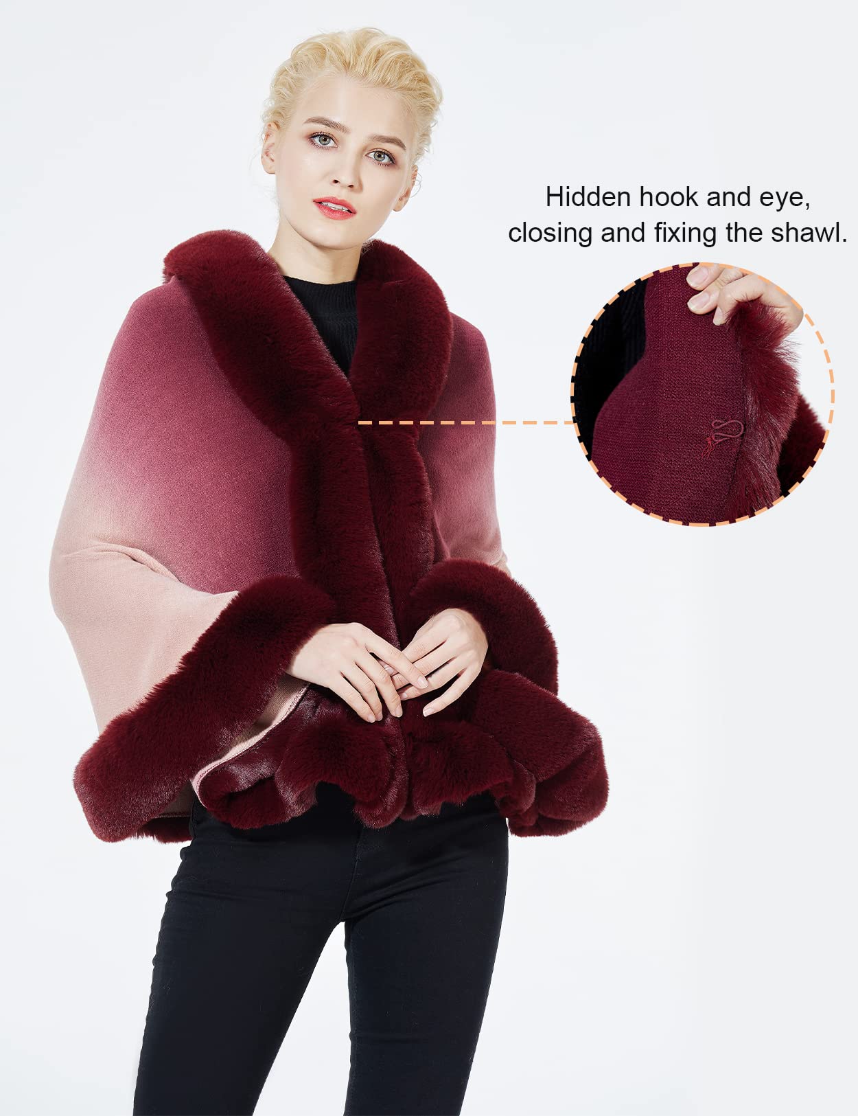 Faux Fur Shawl Wrap Stole Capelet Bridal Winter Wedding with Hook Hooded-black