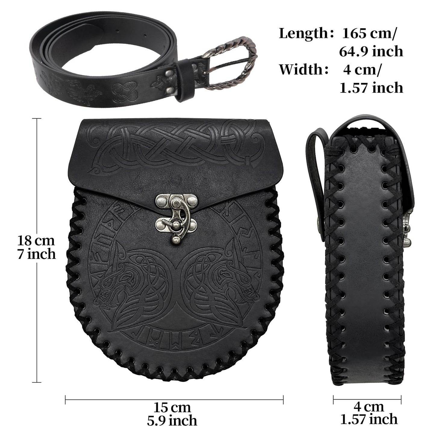 Medieval Viking Embossed O Ring Belt with Nordic Embossed Belt Bag