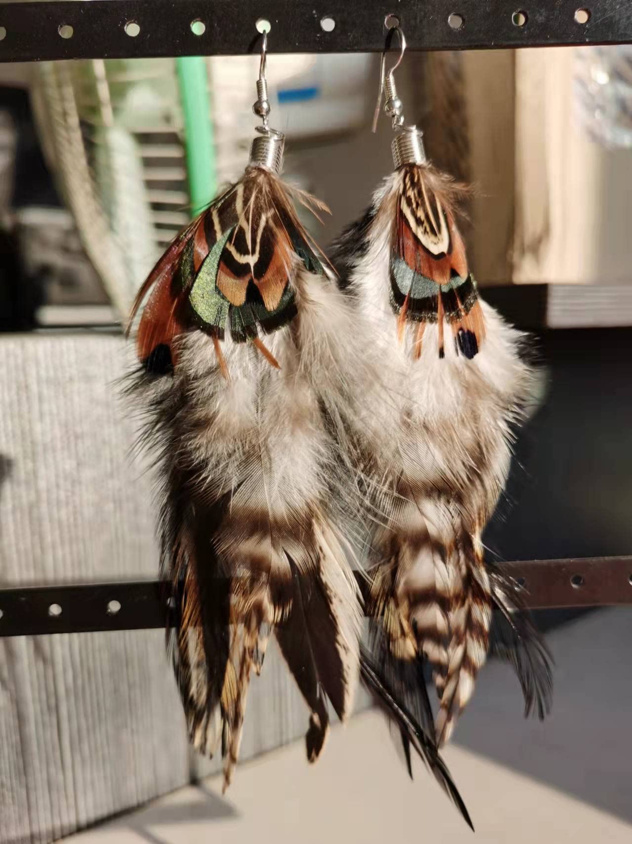 Punk Vintage Long Tassel Feather Beads Drop Wolf Tooth Pendant Earring Fish Hook Earrings Brown A
