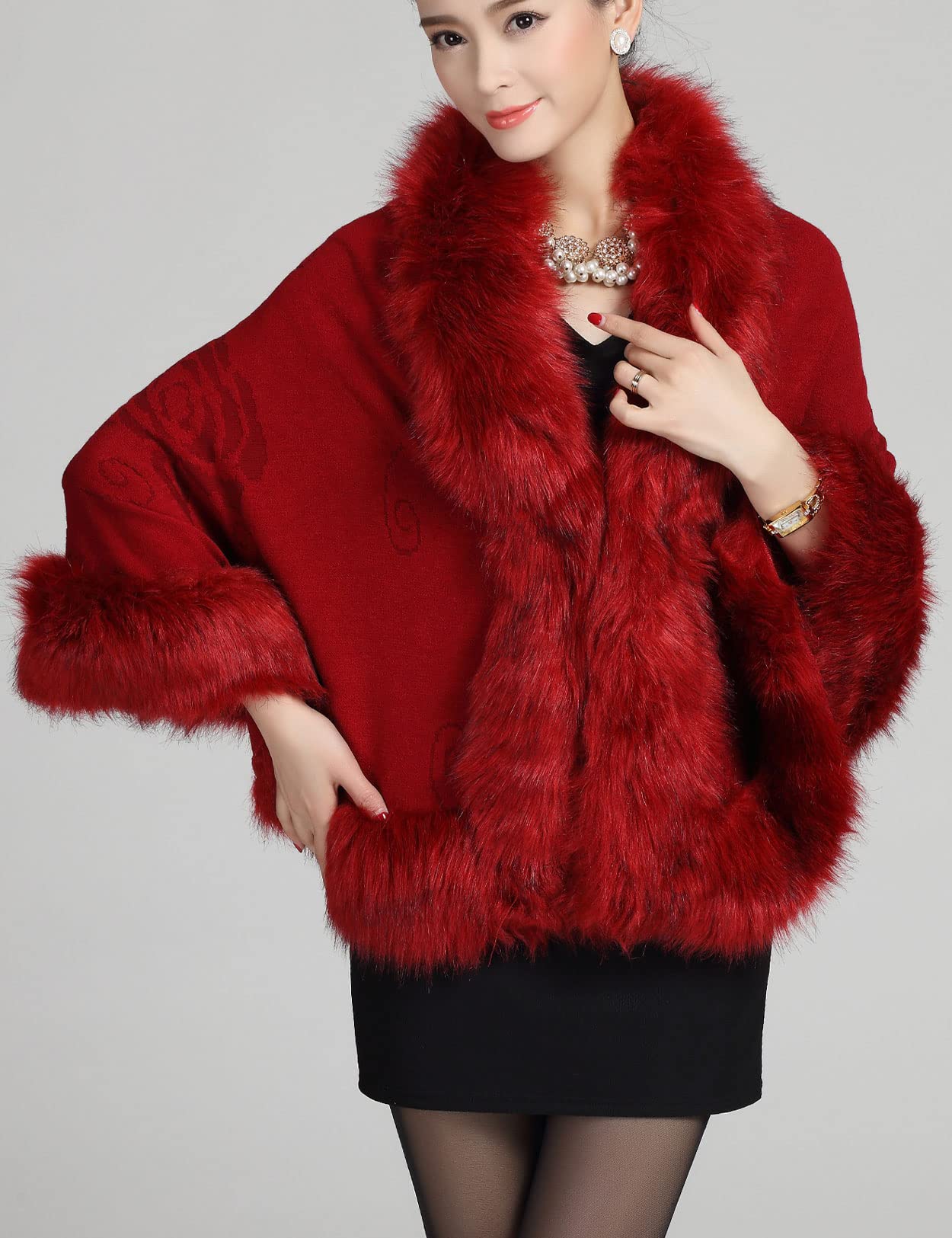 Faux Fur Shawl Wrap Stole Capelet Bridal Winter Wedding with Hook Hooded-black