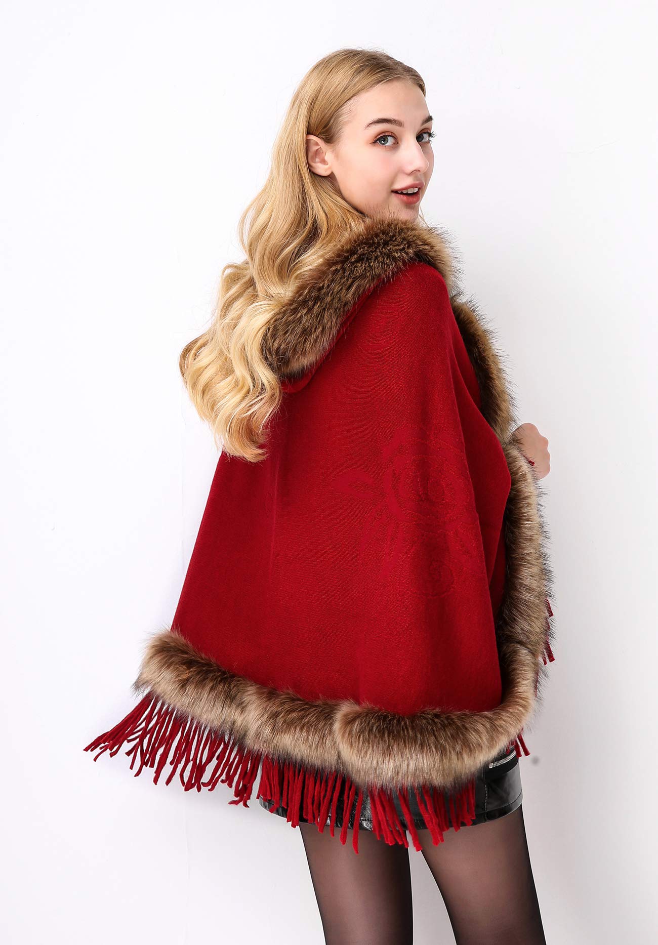 Faux Fur Shawl Wrap Stole Capelet Bridal Winter Wedding with Hook Hooded-black