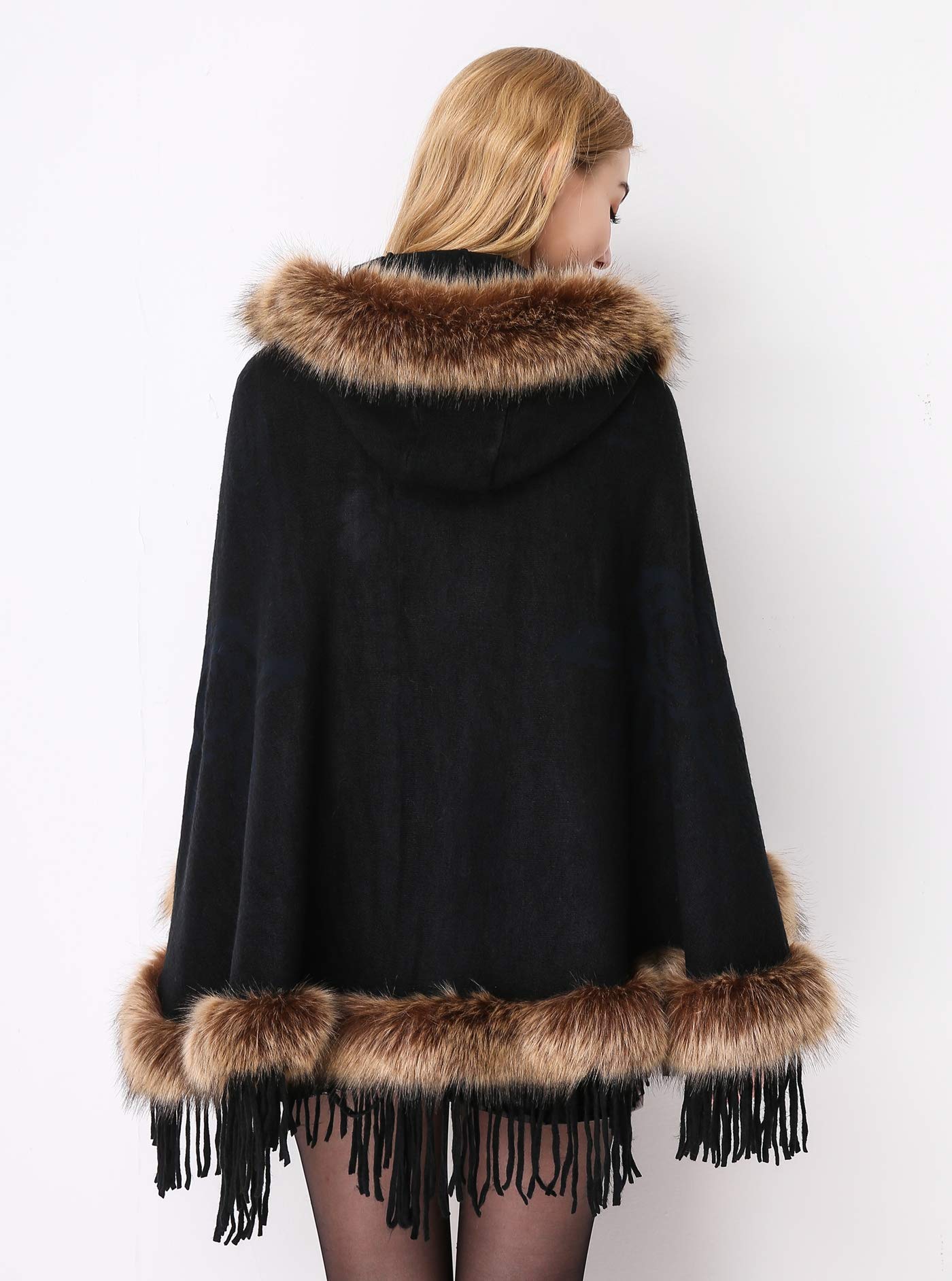 Faux Fur Shawl Wrap Stole Capelet Bridal Winter Wedding with Hook Hooded-black