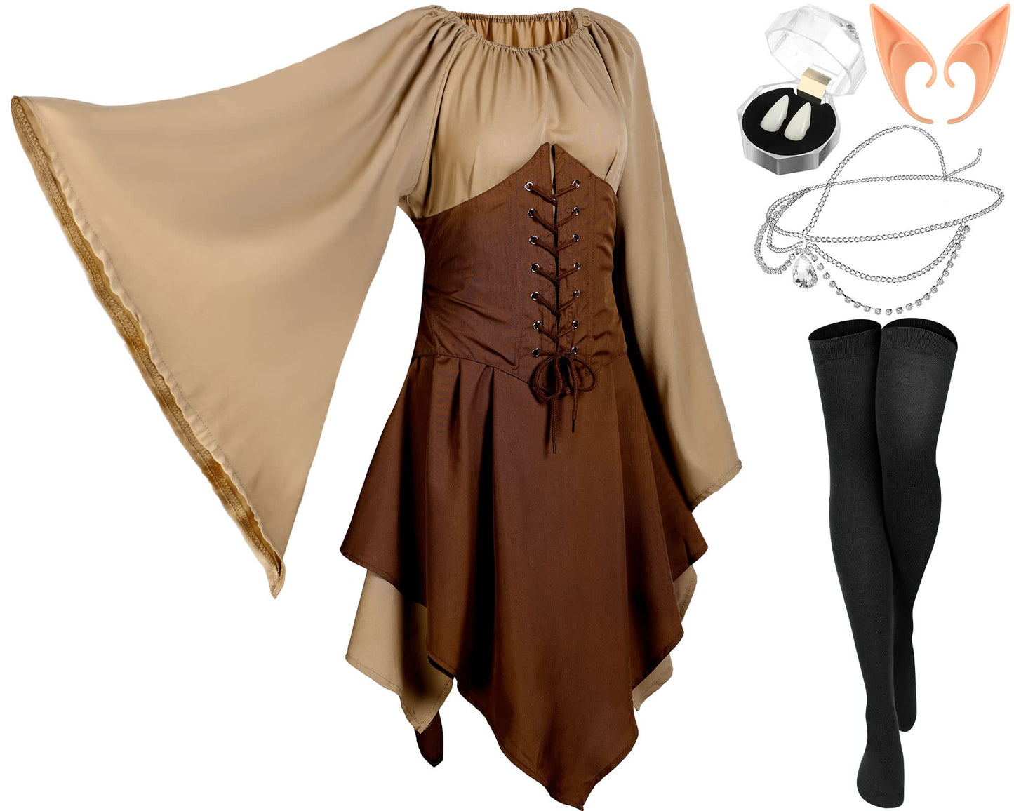 Pack of 5 Green and Brown Women's Renaissance Medieval Dress for Mardi Gras Carnival Dress Masquerade Party