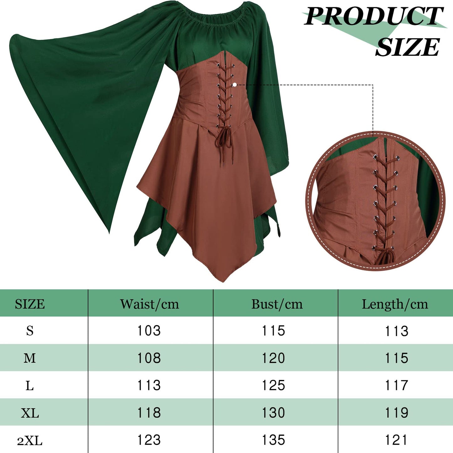 Pack of 5 Green and Brown Women's Renaissance Medieval Dress for Mardi Gras Carnival Dress Masquerade Party