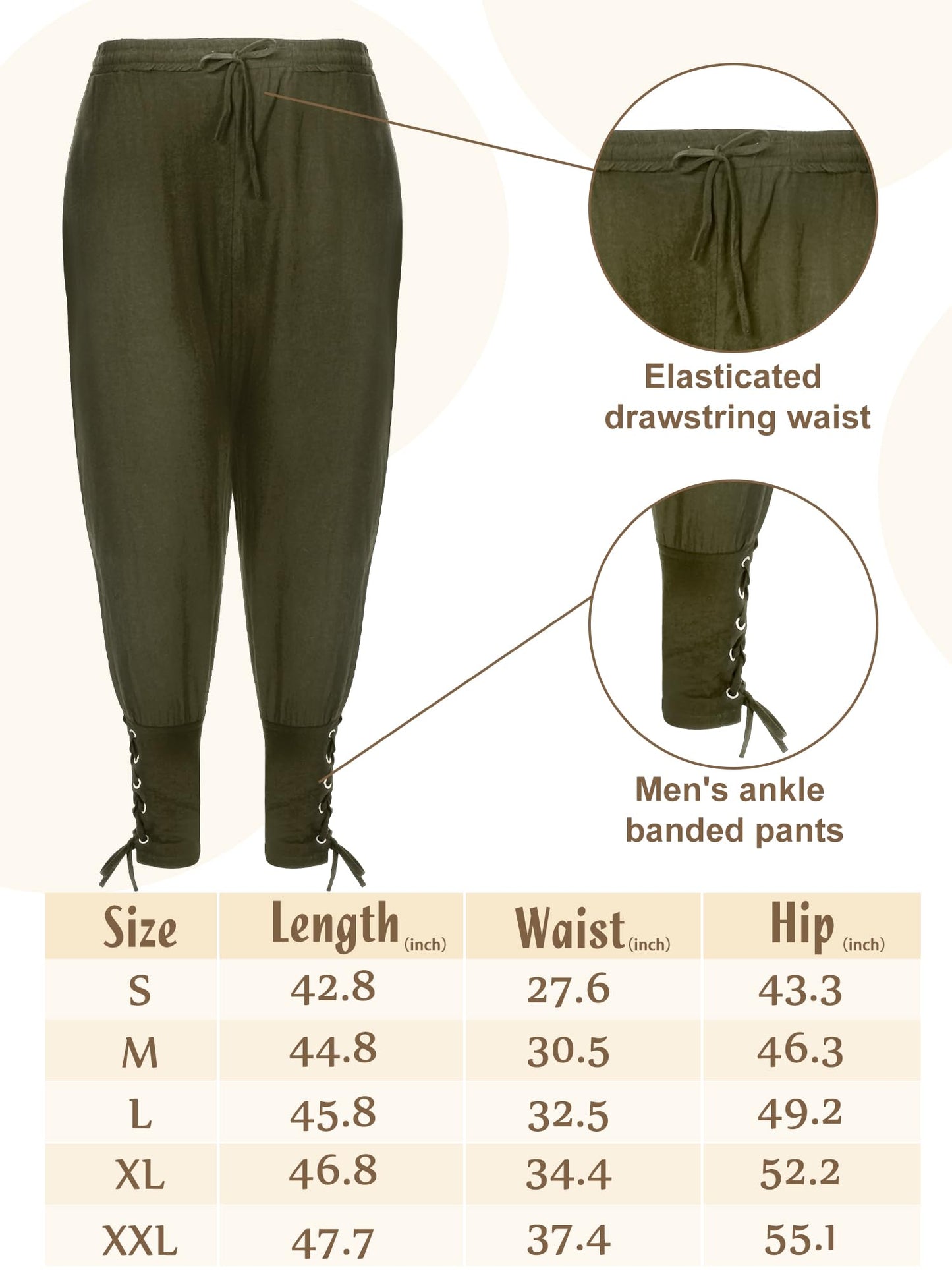 Jiuguva 4 Pcs Halloween Men's Renaissance Costume Set Medieval Pirate Shirt Ankle Banded Pants Viking Belt Accessories Stylish Color Medium
