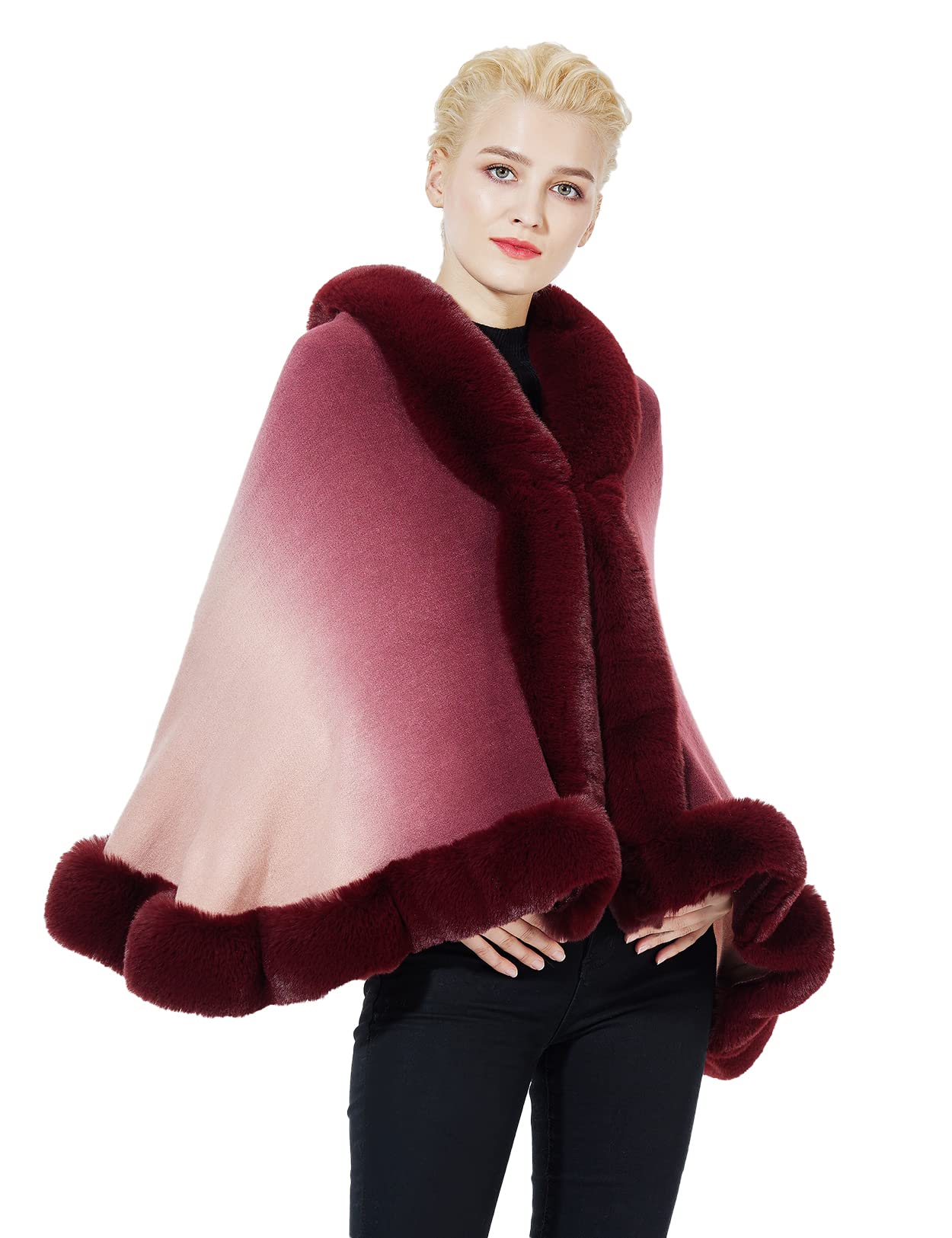 Faux Fur Shawl Wrap Stole Capelet Bridal Winter Wedding with Hook Hooded-black