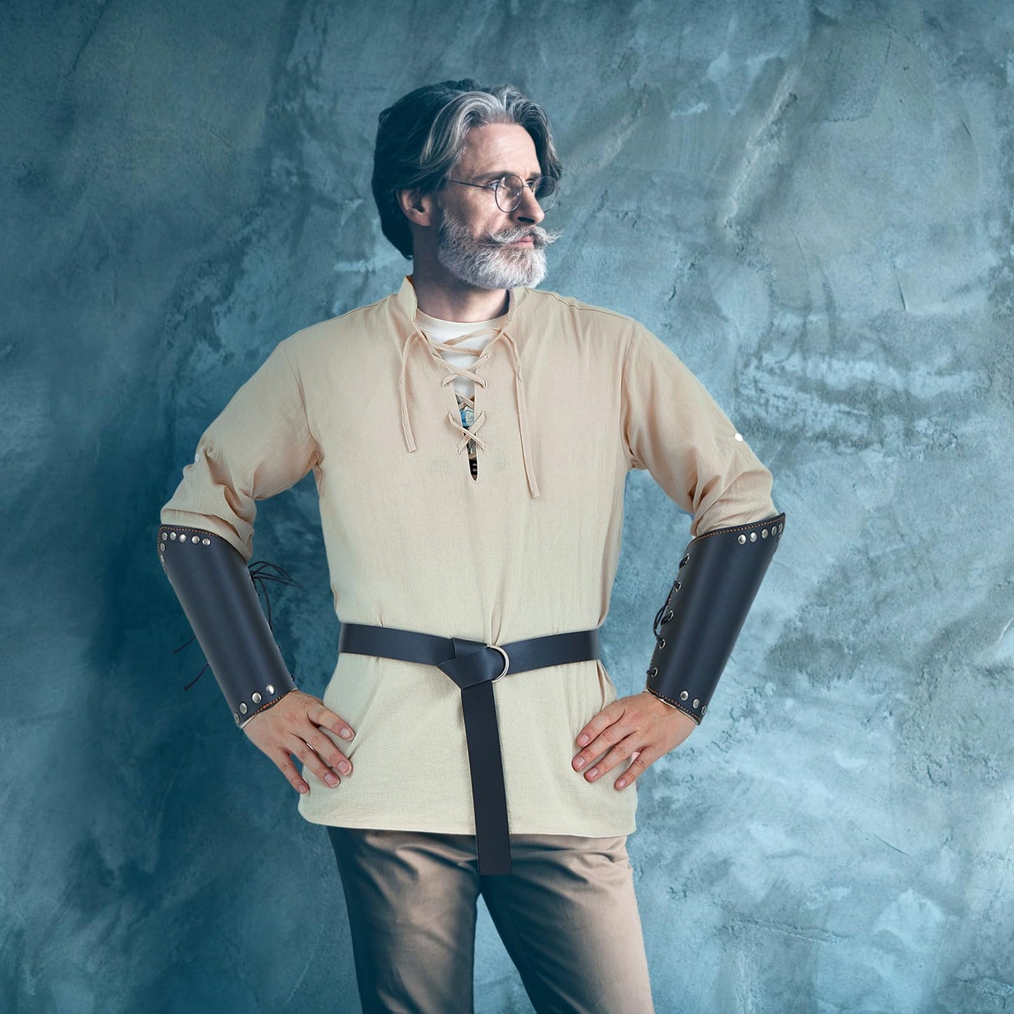 3 Set Men's Linen Long Sleeve Shirt Knight Belt Leather Gauntlet Wristband Set