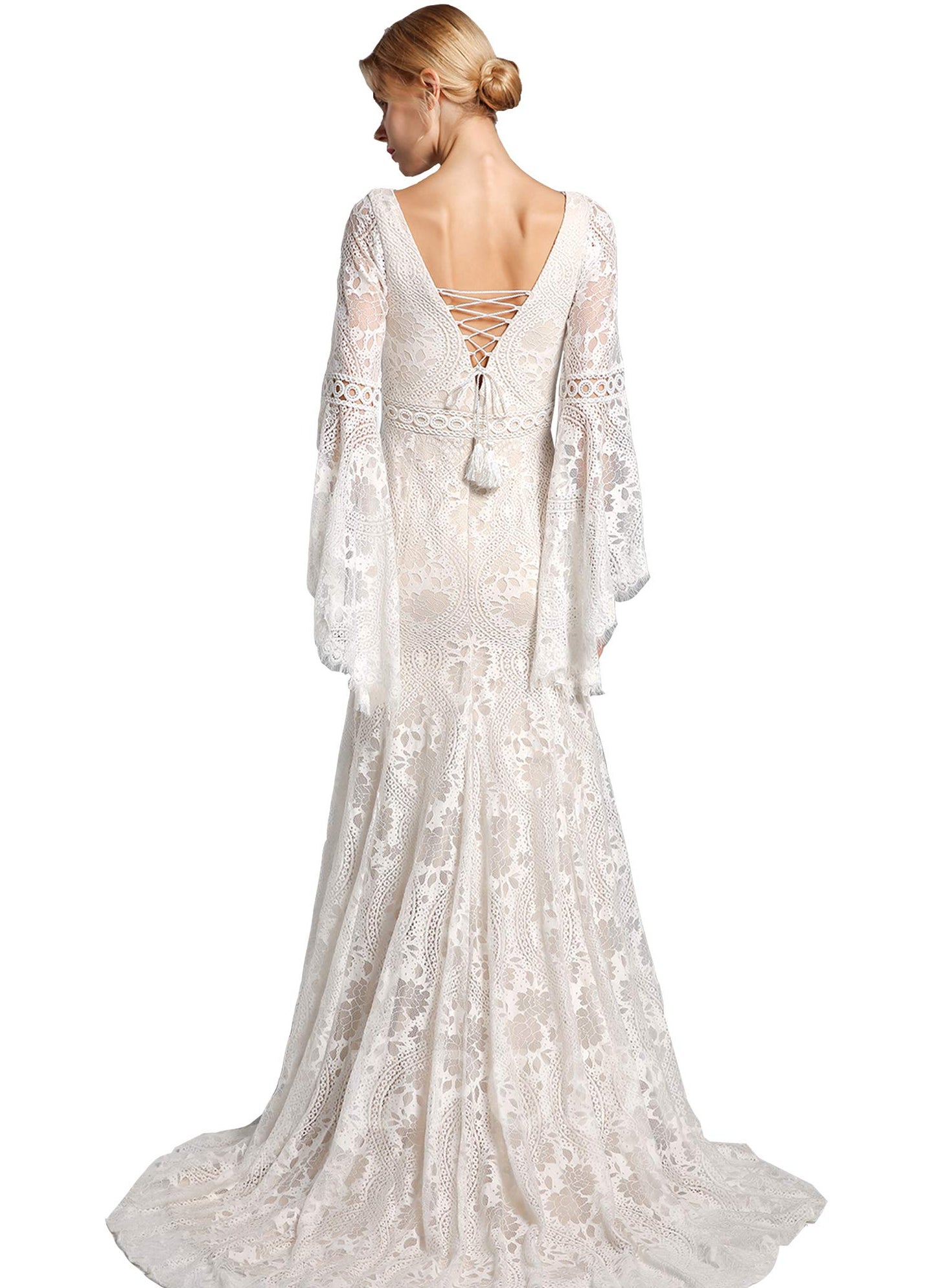 Trumpet Sleeve Embroidered Viking Wedding Dress in Ivory