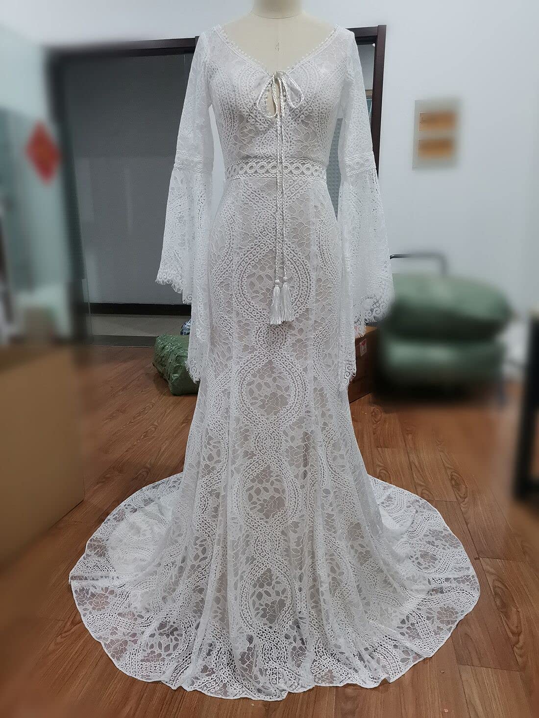Long Belled Sleeve Woven Lace Wedding Dress in Ivory