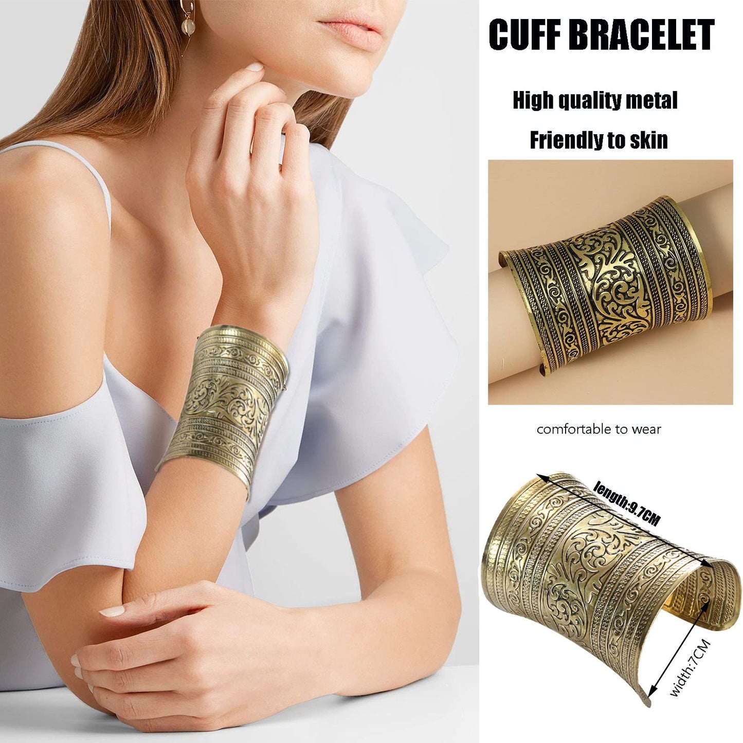 SONNYX 2 PCS Cuff Bracelets for Women Vintage Ethnic Wide Open Chunky Gold Sliver Wrist Cuff Warp Bracelets for Cosplay or Belly Dance GOLD 2