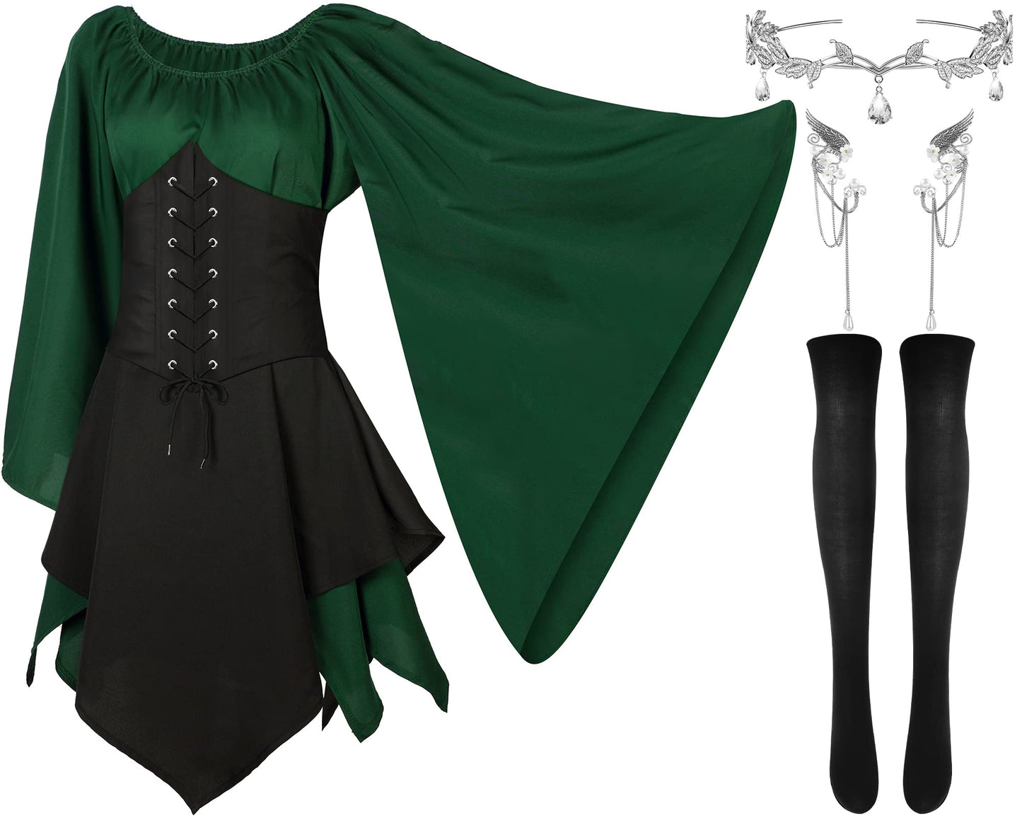 4 Pcs Women Elf Costume Renaissance Traditional Irish Dress Fairy Costume Elf Ear Cuffs for Women Halloween Cosplay Party Green, Brown 2X-Large