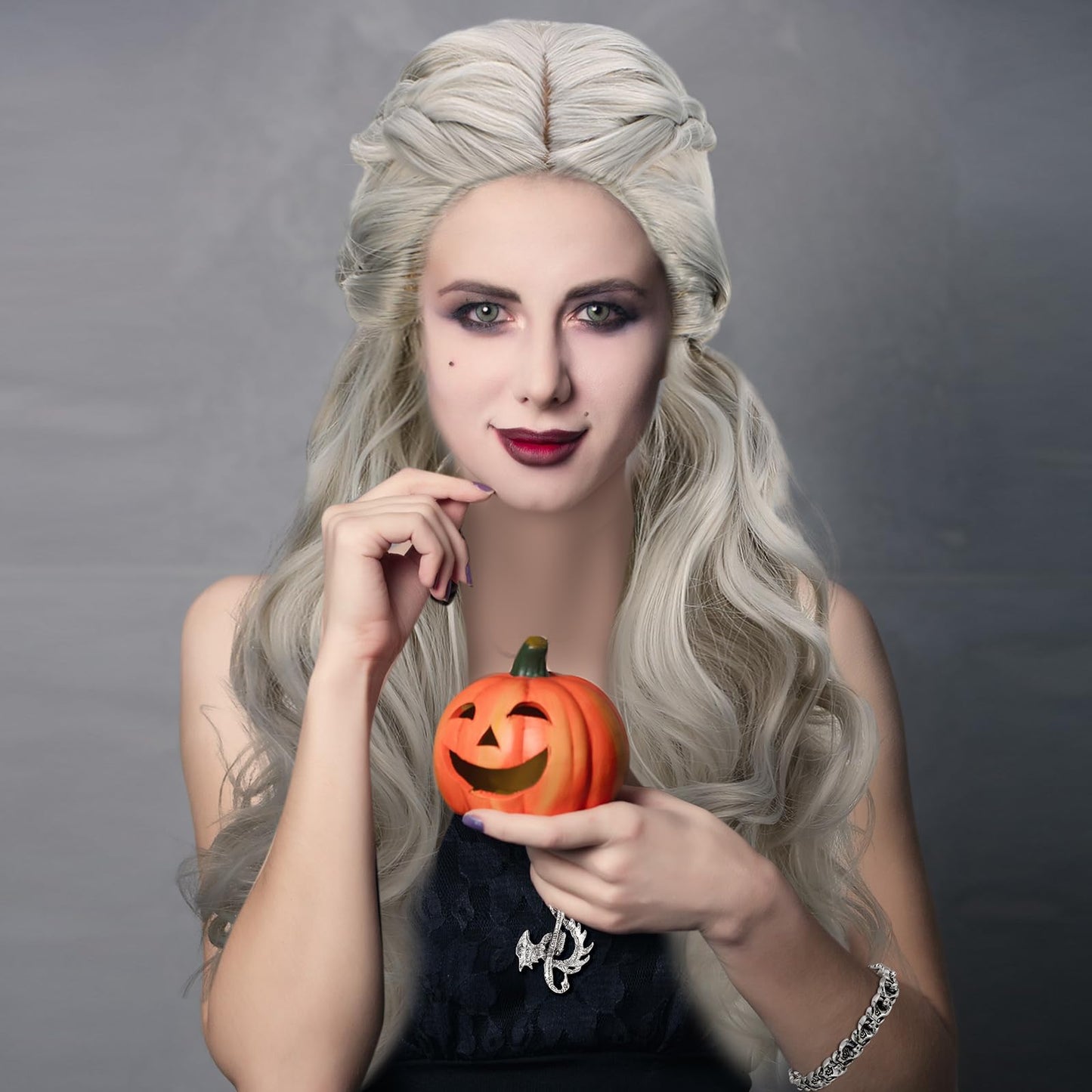 Tigeen 3 Pcs Halloween Silver Viking Wig Costume Sets for Women Includes Braided Silver Wigs Music Note Pendant Dragon Necklace Dragon Keel Chain Link Bracelet Dragon Jewelry Vintage Gift for Party