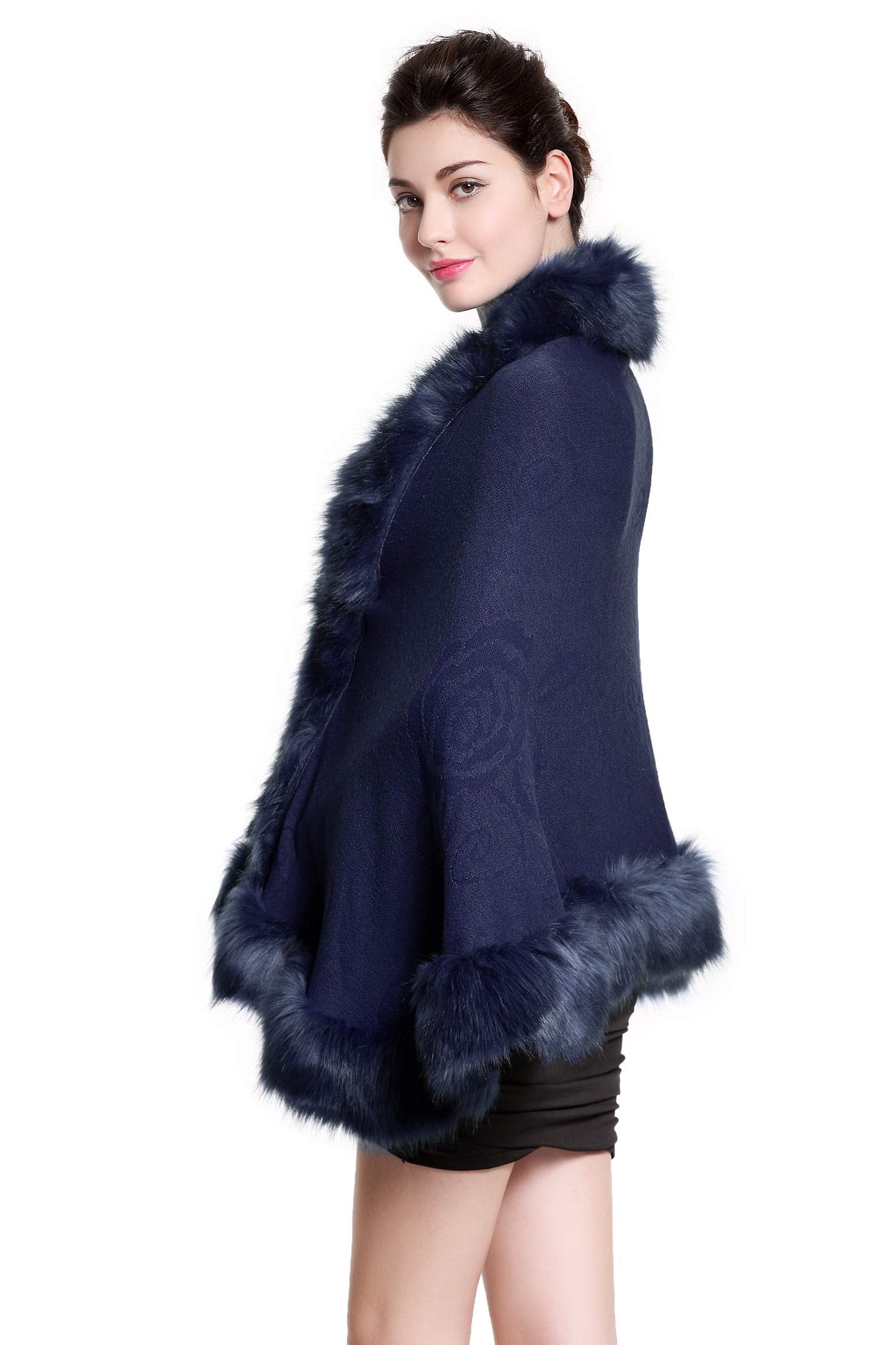 Faux Fur Shawl Wrap Stole Capelet Bridal Winter Wedding with Hook Hooded-black