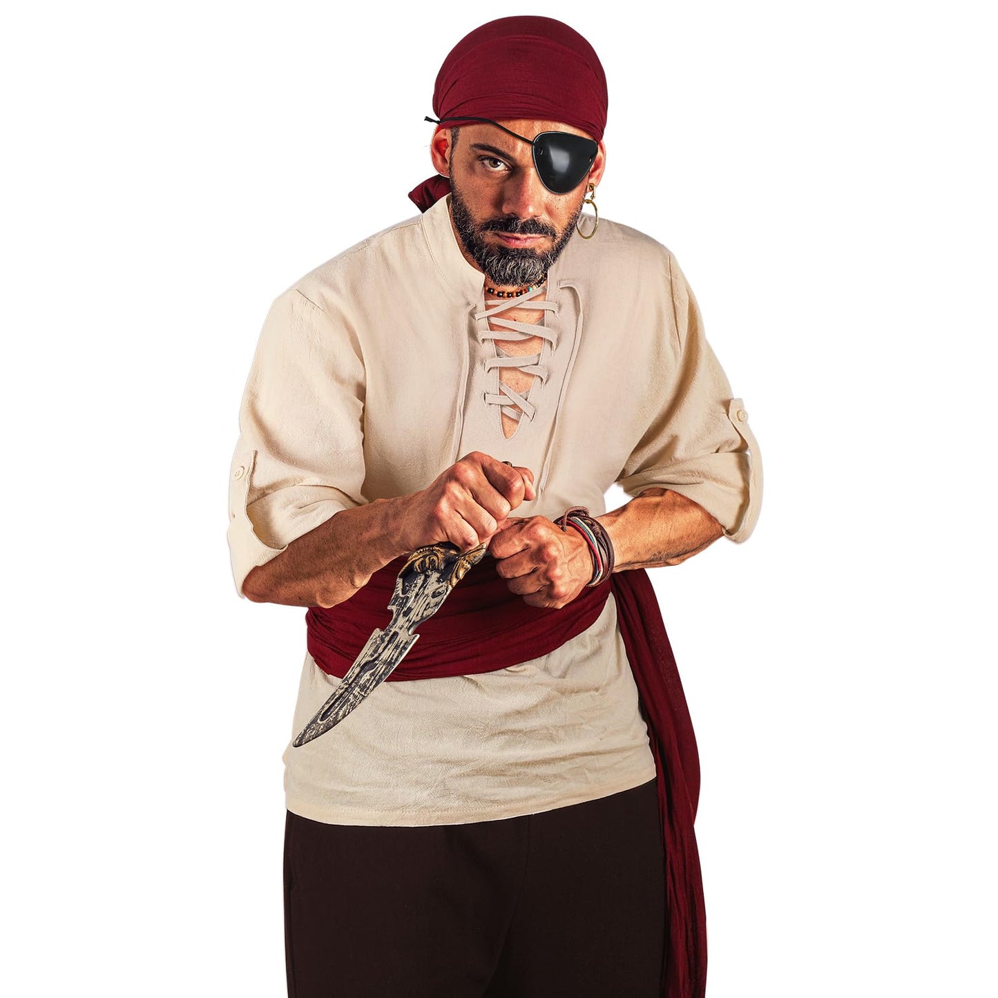 Leumoi 6 Pcs Men's Pirate Costume Men's Renaissance Medieval Viking Shirt Banded Pants Bandana Sash Belt Eye Patch Earrings Small Apricot, Black, Wine Red